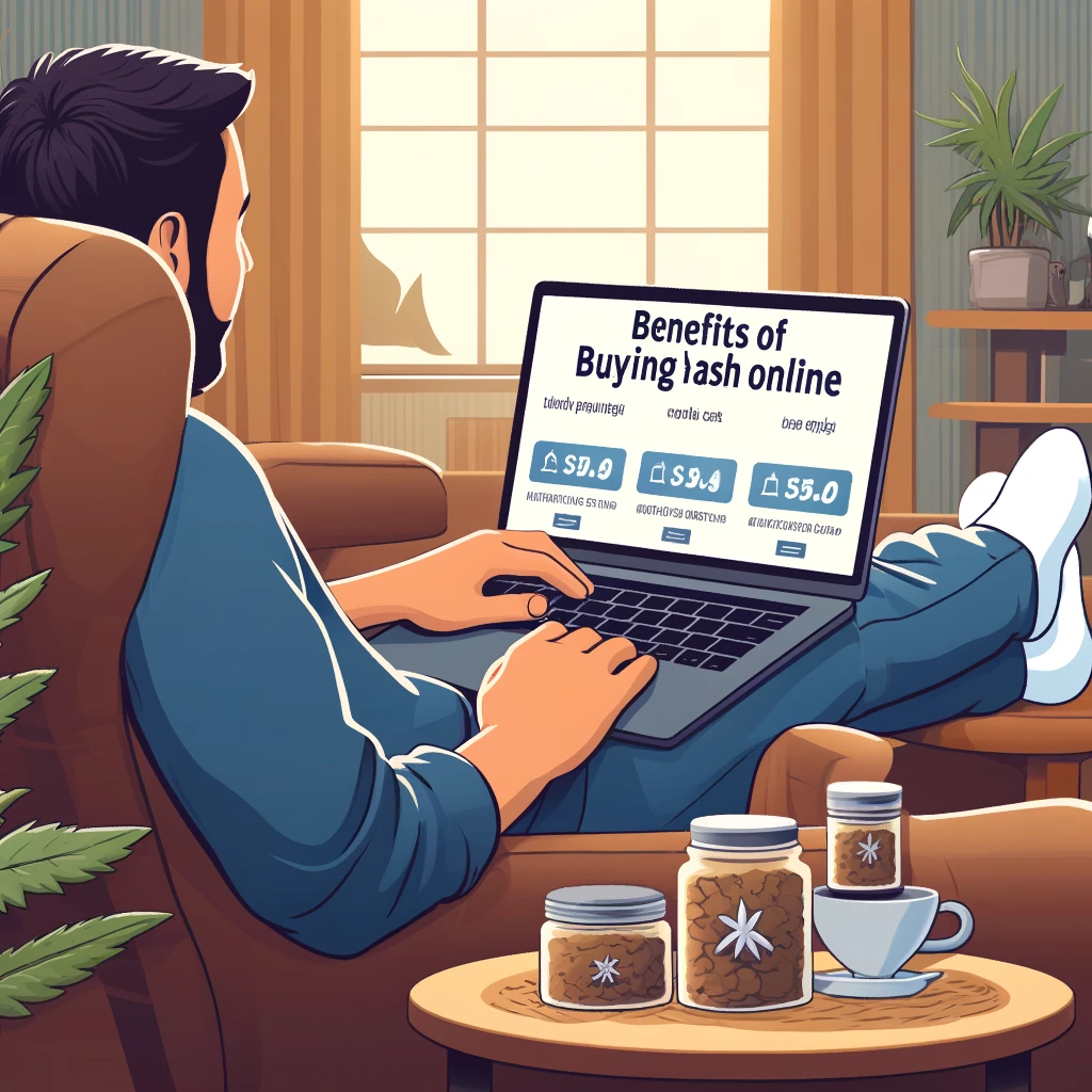Relaxed individual browsing hash selections on a laptop in a cozy home setting, with a cup of coffee and a comfortable chair, showcasing the convenience of shopping from home.