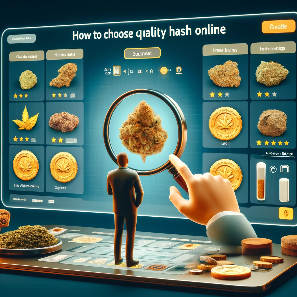 Discerning consumer evaluating hash options on a digital screen, featuring close-ups of hash texture, customer ratings, and seals of authenticity in a professional, informative setting.