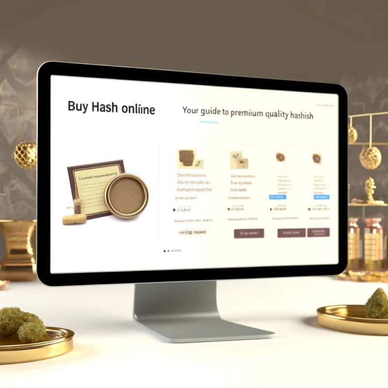 Elegant online shopping interface displaying premium hashish products with gold accents and certificates of authenticity, highlighting luxury and high standards in the hash marketplace.