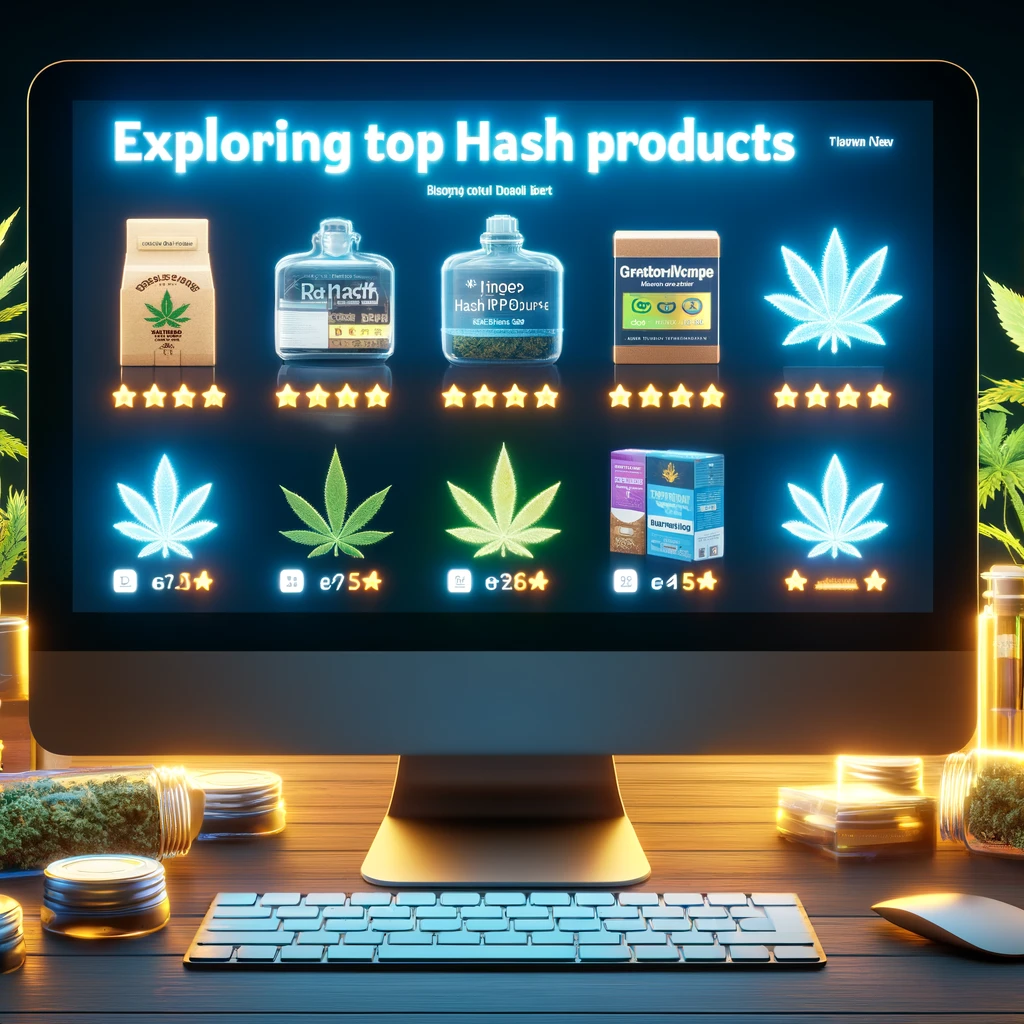 Computer screen displaying a variety of top-rated hash products from BuyHashOnline.com, with clear images, distinctive packaging, and highlighted customer reviews, emphasizing the quality and selection available.